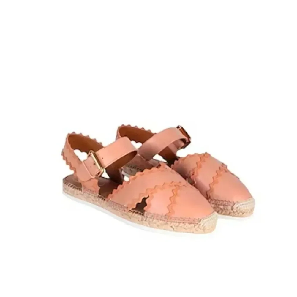 See by Chloé Glyn Blush Tan Leather Scalloped Espadrille Sandals Size 36 NWOB